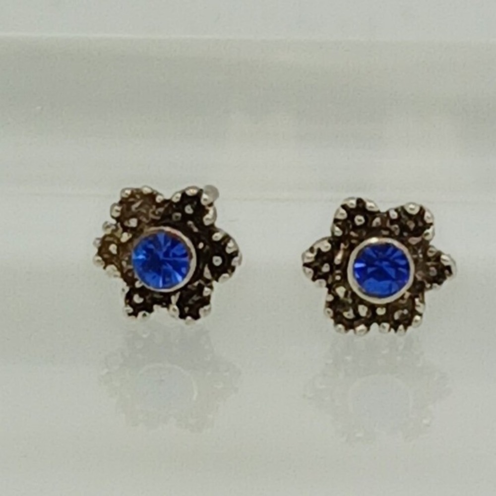 Vintage 925 Sterling Silver Blue Crystal Flower Stud Earrings Floral Jewelry - Picture 7 of 16